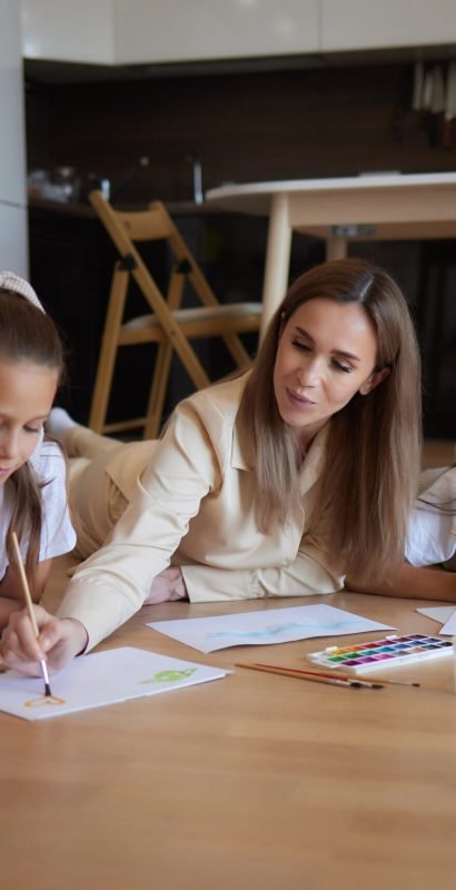 Little girl and their mother playing on warm floor with underfloor heating in living room. watercolor painting