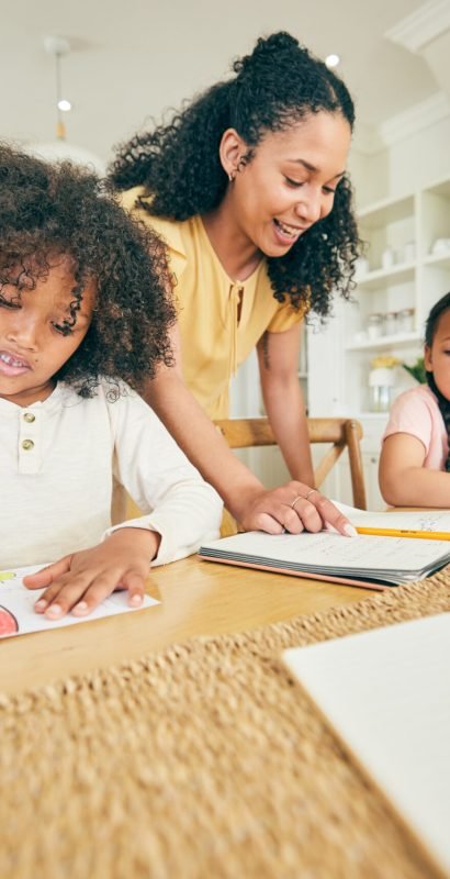 Writing, learning and children with mother for home education and support, creativity and color guide. African kids, family and mom talking, teaching and helping with school drawing for development.